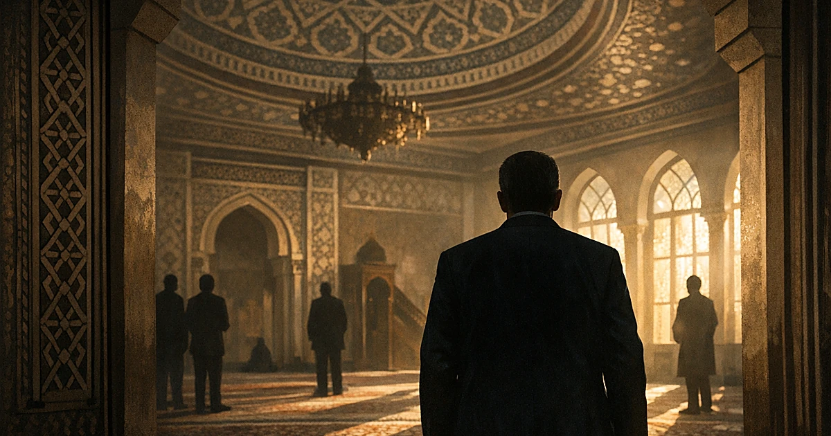 Silhouetted figure in suit standing inside mosque with geometric patterns and domed ceiling, others in background