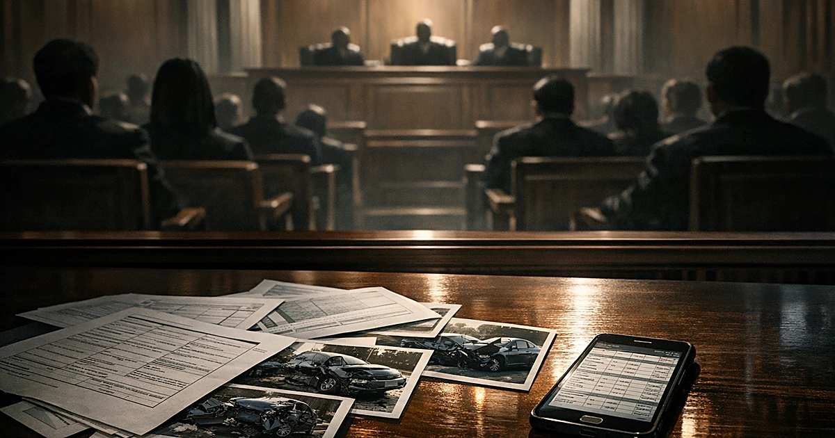 Courtroom scene with silhouetted figures and accident documents on table, viewed from behind gallery seating