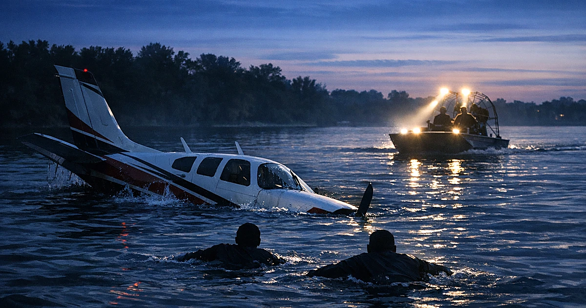 Small plane sinking in lake at dusk with two silhouettes swimming away as rescue airboat approaches with searchlights