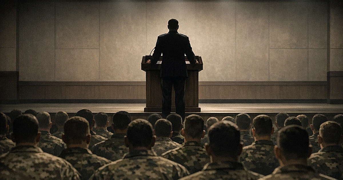 Military figure at podium addressing rows of uniformed service members from behind in sparse auditorium