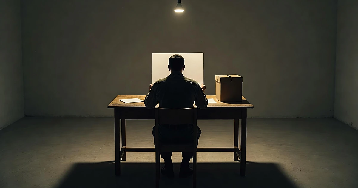 Silhouette of service member filling out postcard at desk with ballot box under overhead light
