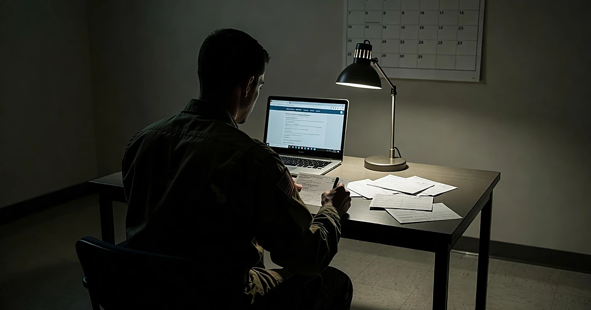 Silhouetted soldier at desk completing voter registration postcard under lamp light with laptop and calendar visible