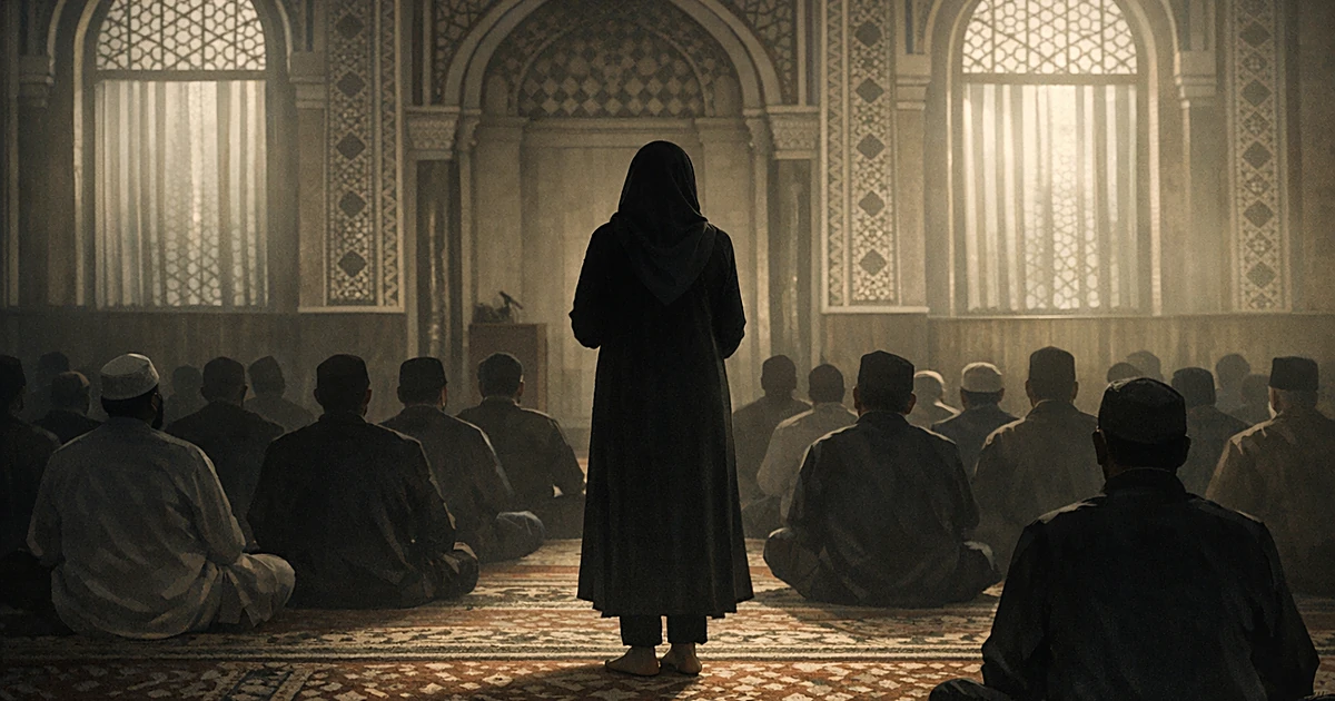 Silhouette of person in head covering addressing seated congregation inside mosque with Islamic architectural details