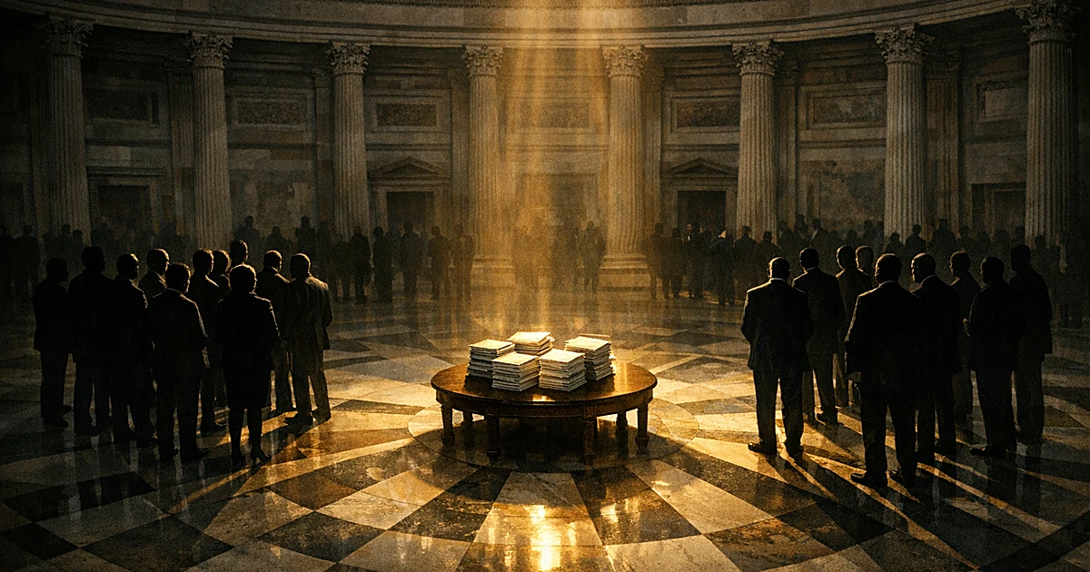 Overhead view of Capitol rotunda with silhouetted figures on opposite sides, legislative documents on central table