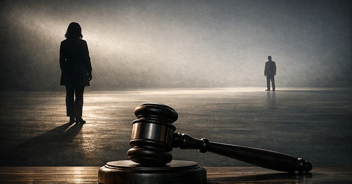 Two silhouetted figures separated by vast empty space with a gavel on wooden surface in foreground
