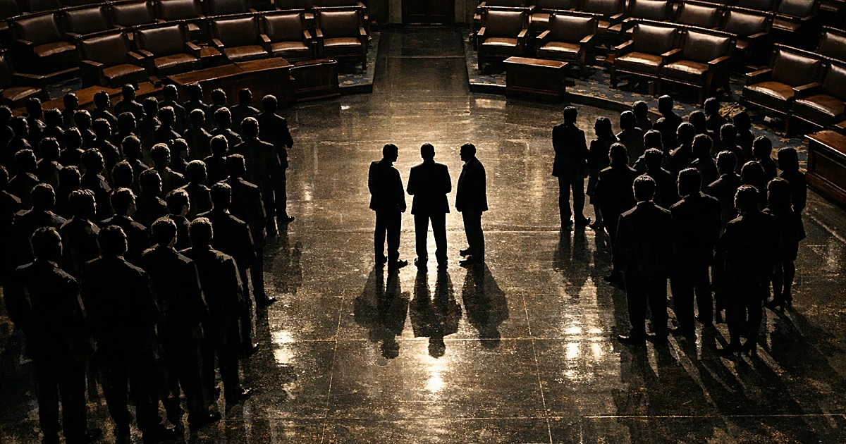 Overhead view of legislative chamber with three separated groups of silhouetted figures casting shadows on floor