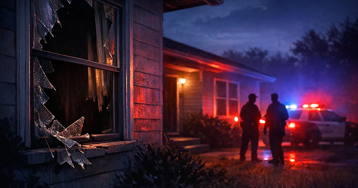 Pre-dawn scene of Florida home with broken window and police emergency lights illuminating the exterior