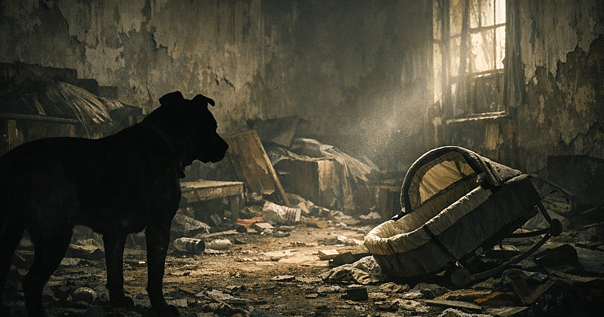 Dark, cluttered home interior with dog silhouette and overturned bassinet amid debris and neglect