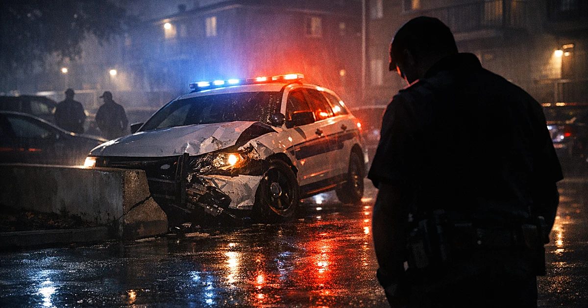 Damaged police vehicle in apartment parking lot at night with emergency lights reflecting on wet pavement