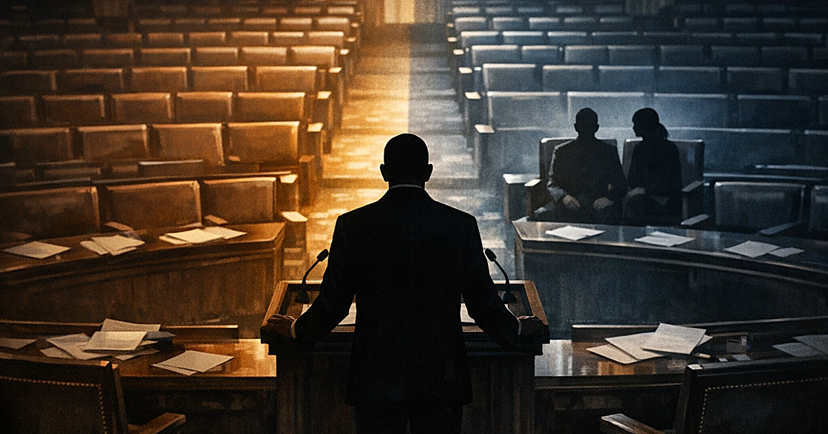 Silhouetted figure at podium facing divided legislative chamber with two occupied seats across the aisle