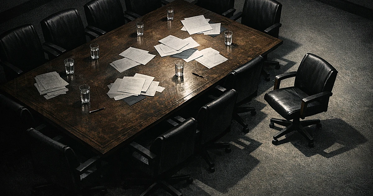 Empty jury deliberation room with twelve chairs around a table, one chair pushed back in isolation