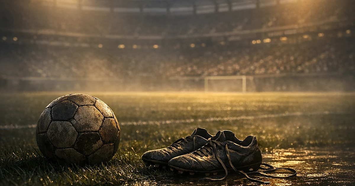 Soccer ball and cleats abandoned on empty stadium field at dusk with vacant seats in background