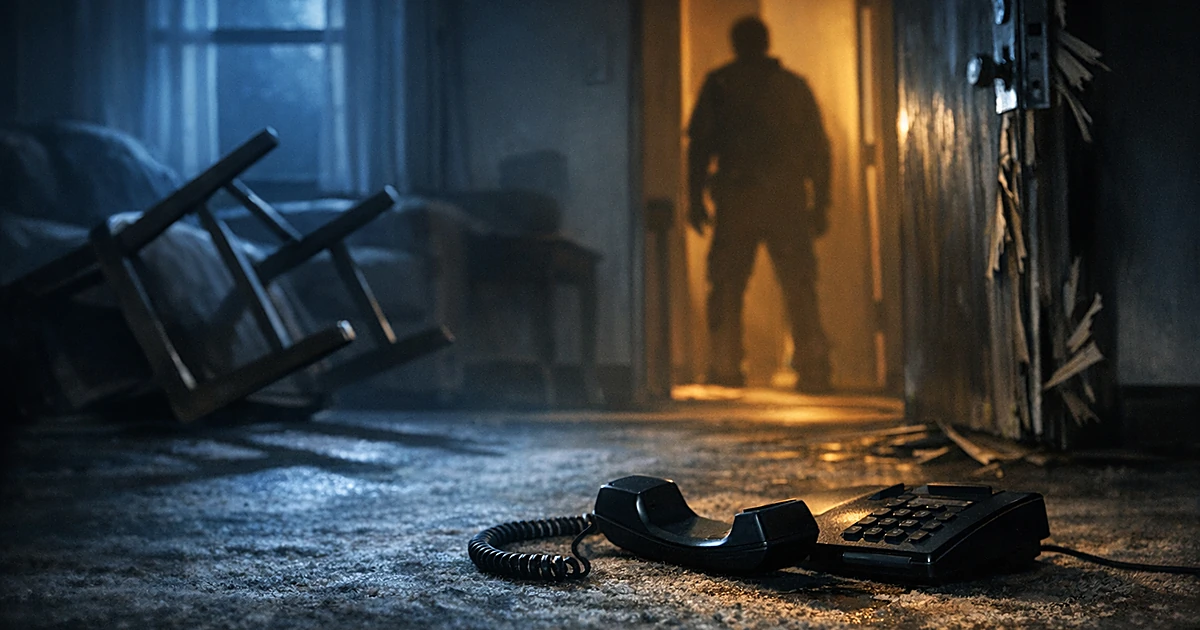 Dark apartment interior with overturned furniture and phone off hook on floor near damaged doorway