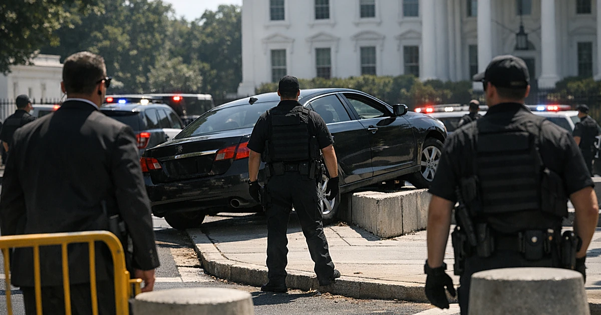 Dark car on sidewalk barrier surrounded by emergency vehicles and silhouetted security personnel near white building