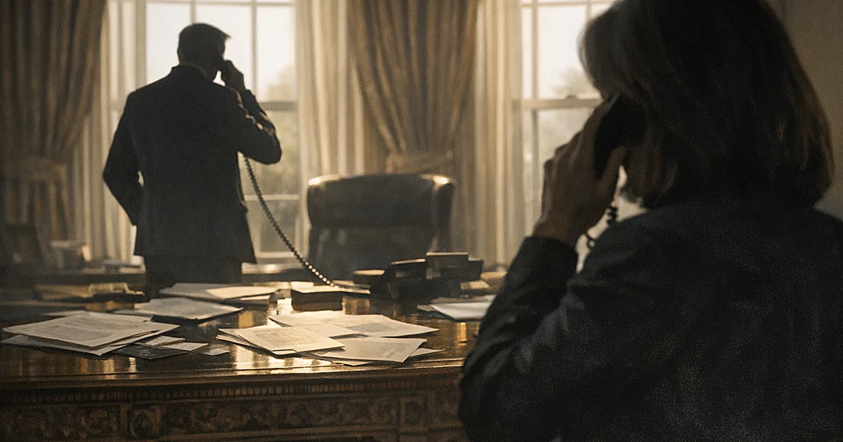Two silhouetted figures on phone call in oval office with dramatic window lighting and papers on desk