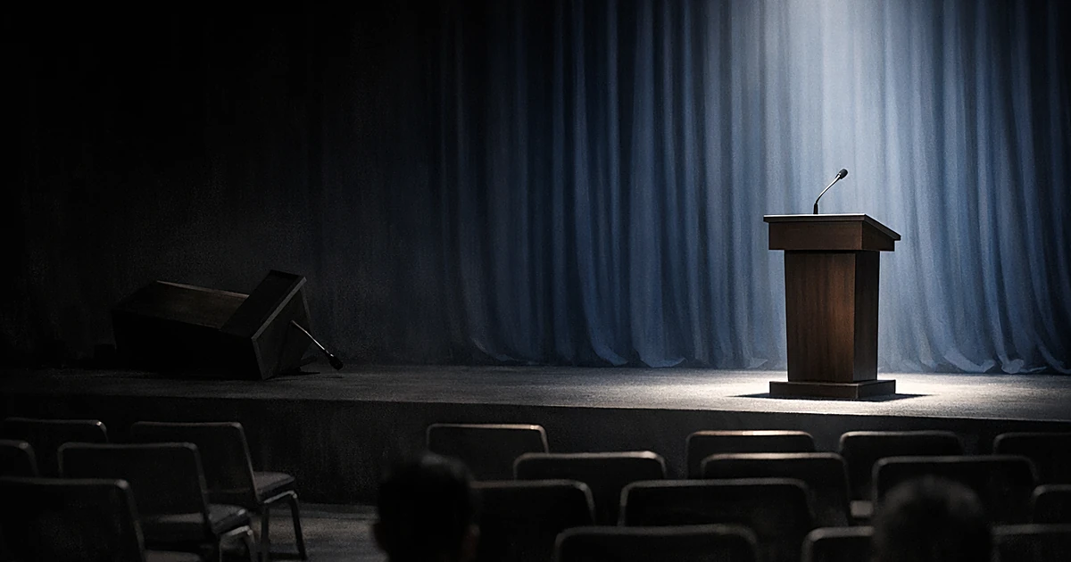 Two debate podiums on stage, one upright in spotlight, one tipped over in shadow, symbolizing lopsided primary victory