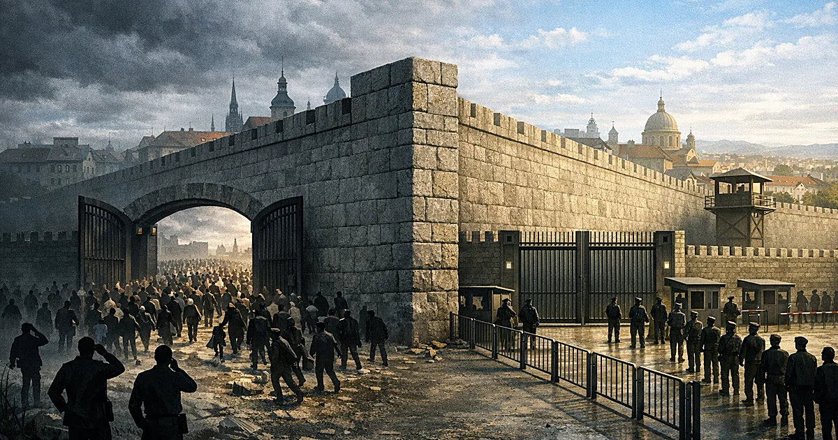 Divided European cityscape showing contrasting immigration policies with open western gates and fortified eastern barriers
