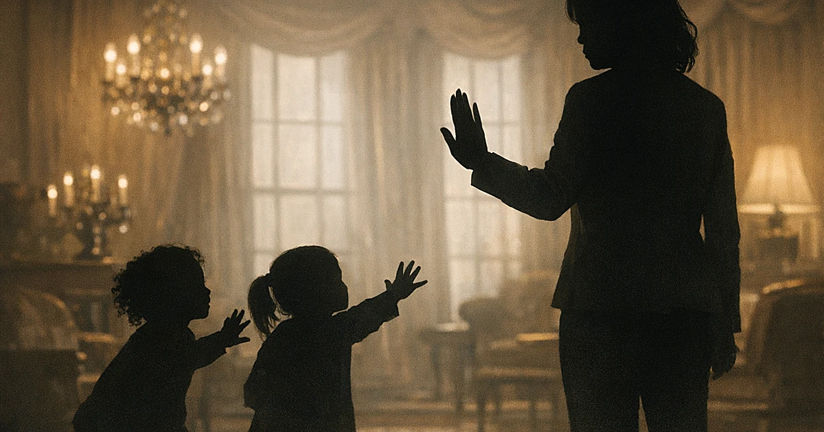 Silhouette of parent with raised hand gesturing 'no' to two child silhouettes in an elegant room with chandelier