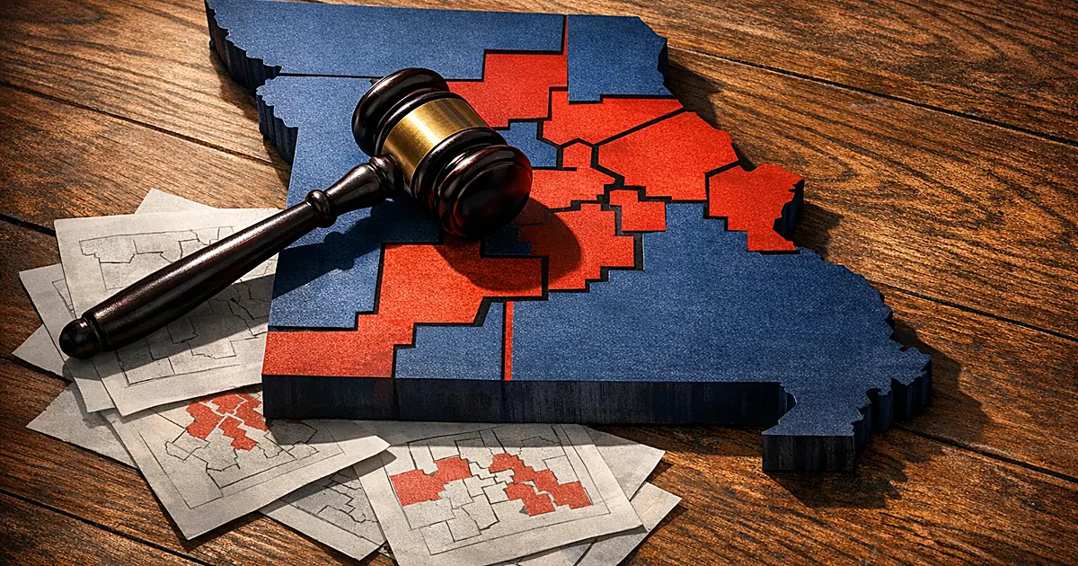 Gavel lying across Missouri state map divided into congressional districts with scattered redistricting papers beneath