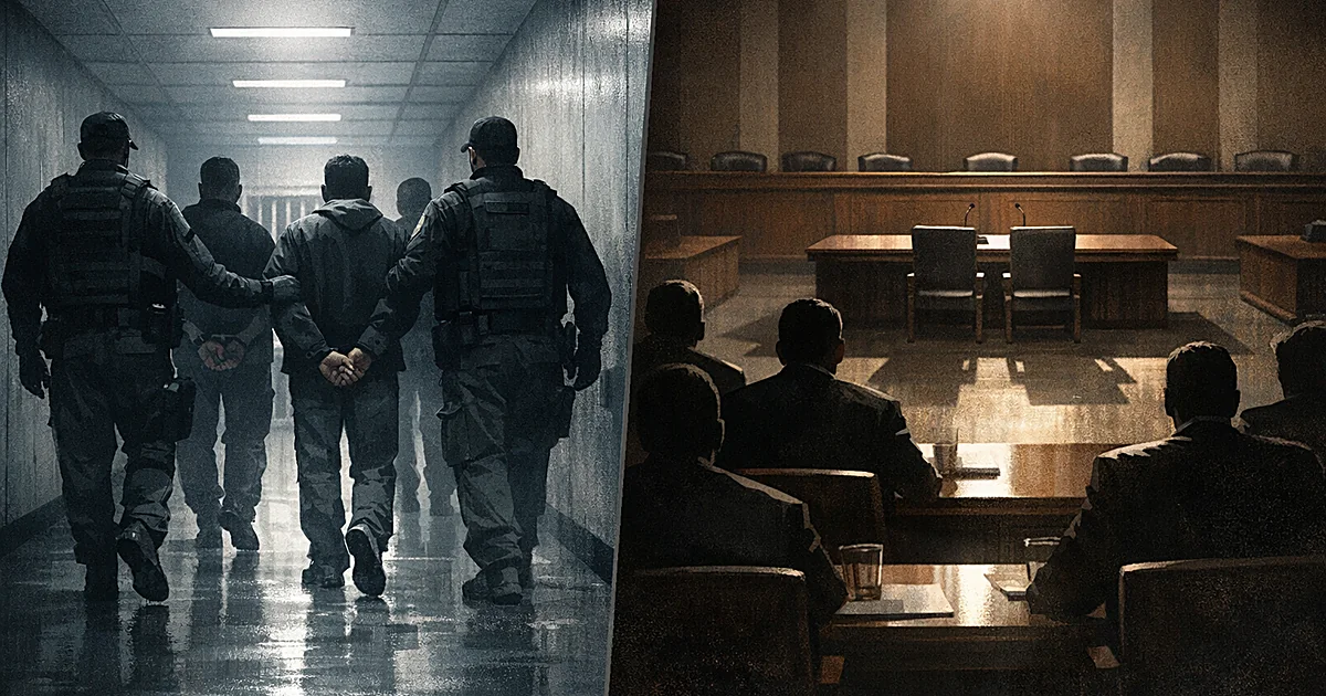 Split scene showing immigration enforcement silhouettes and congressional hearing room viewed from behind attendees