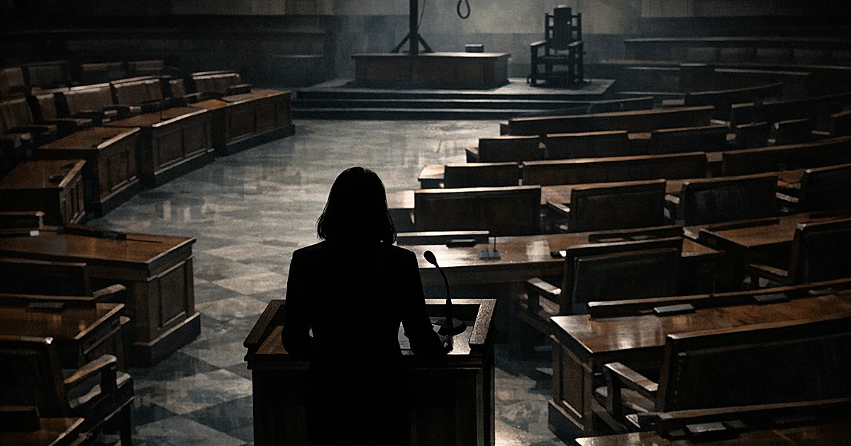 Silhouetted figure at podium in empty congressional chamber with dramatic shadows across marble floor