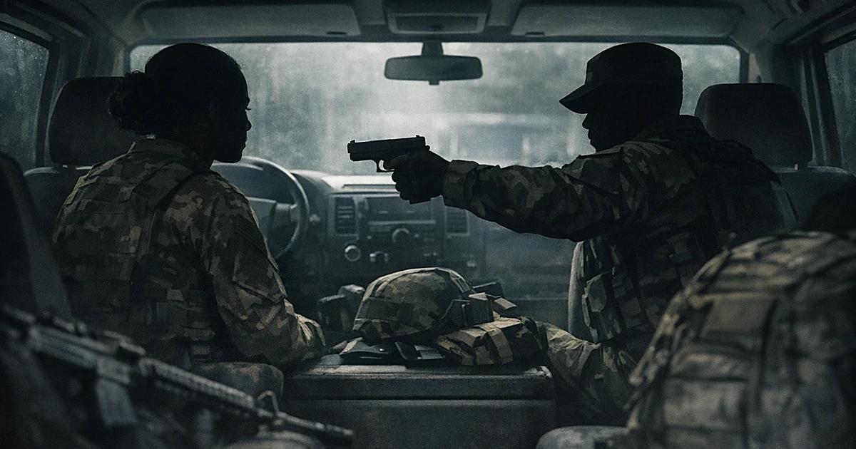 Silhouetted figures in military uniforms in tense confrontation inside a dark van, one holding a handgun