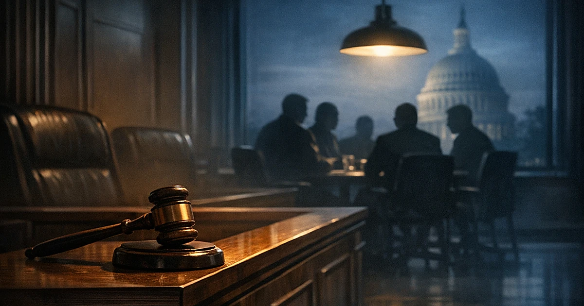 Empty courtroom with judge's bench in foreground, silhouetted figures meeting in shadows, Capitol dome visible through window