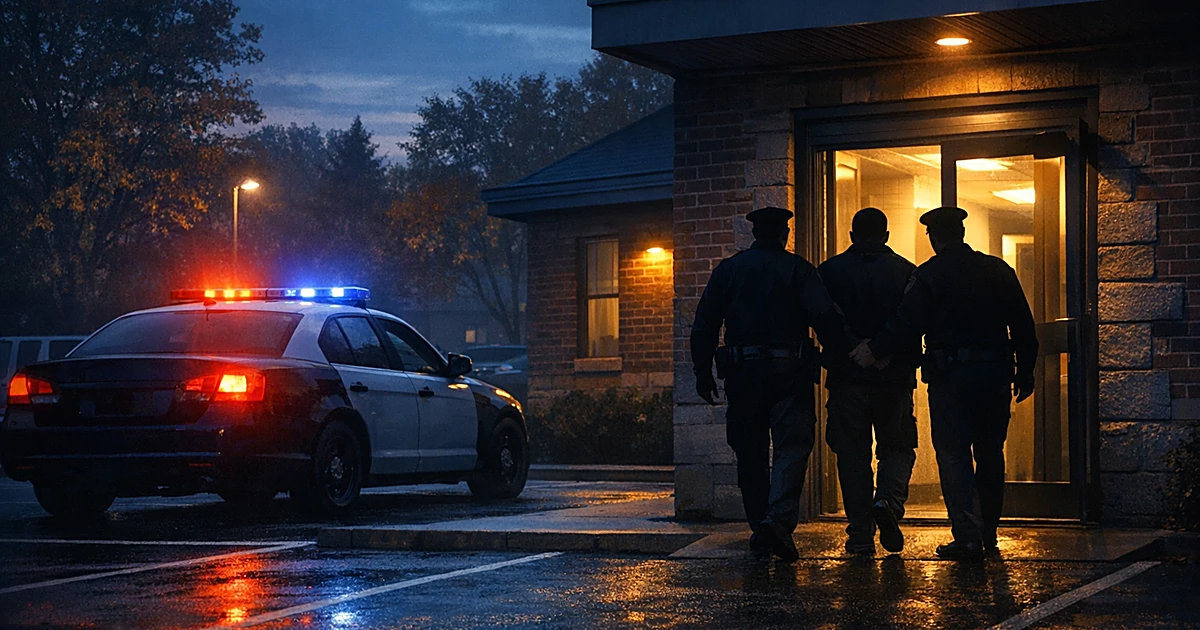 Silhouetted figures escort another person into a police station as a patrol car sits parked outside at dusk