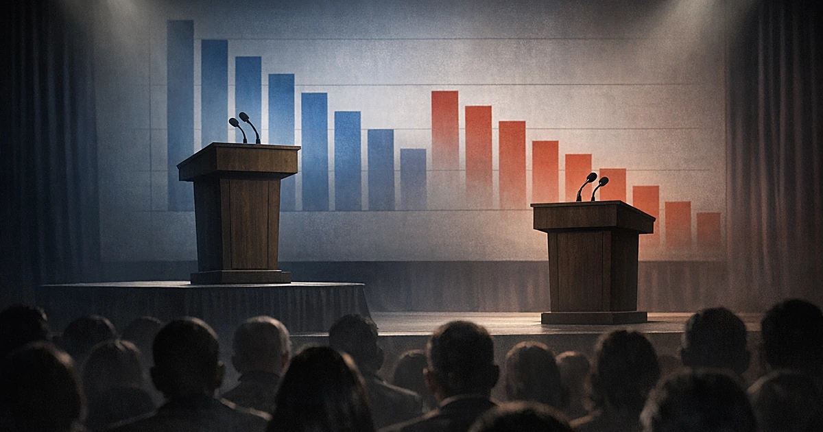 Two podiums on stage with left one elevated higher, silhouetted audience watching, polling charts projected behind