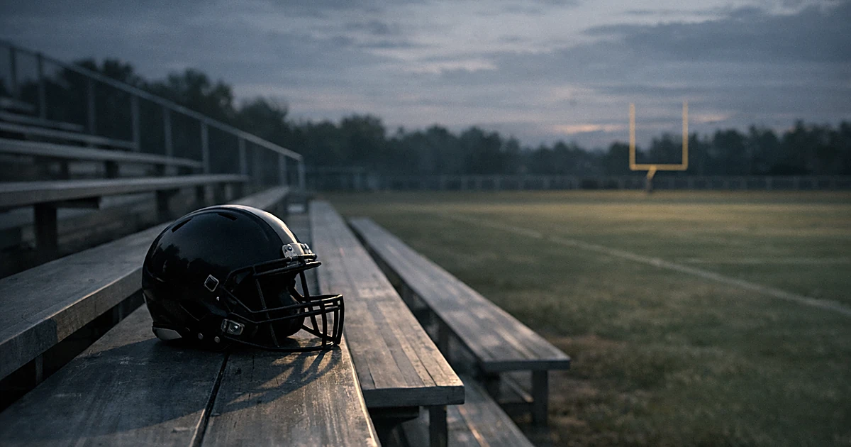 Football helmet numbered 42 sits alone on empty bleachers beside a practice field at dusk