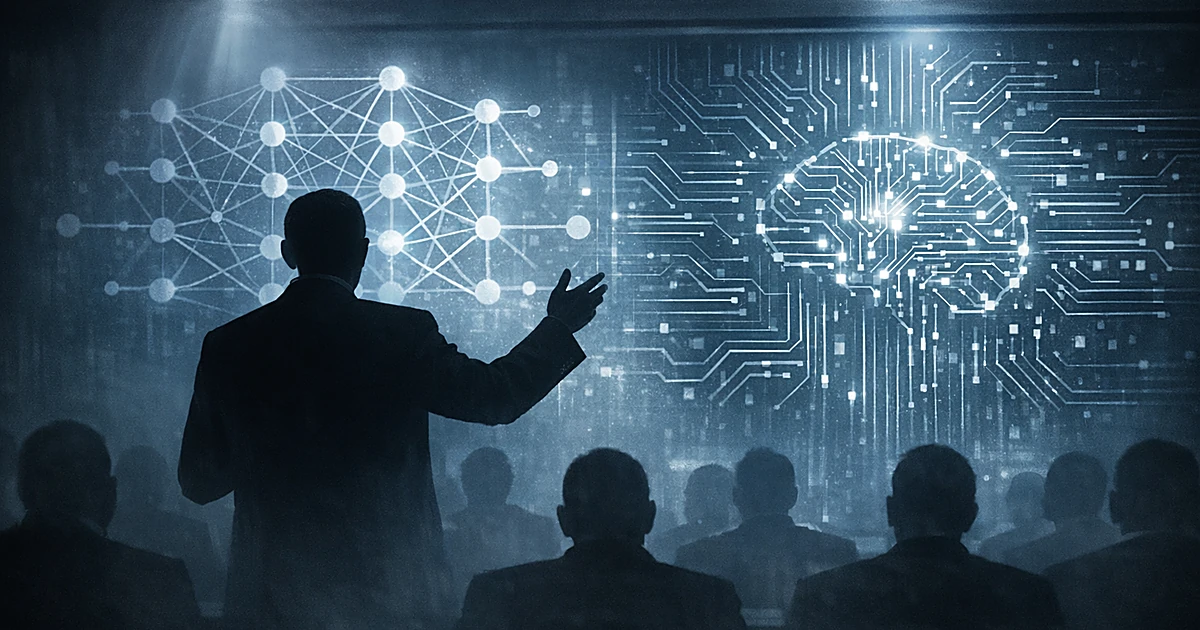 Silhouetted figure presenting holographic AI neural networks to seated audience in darkened room