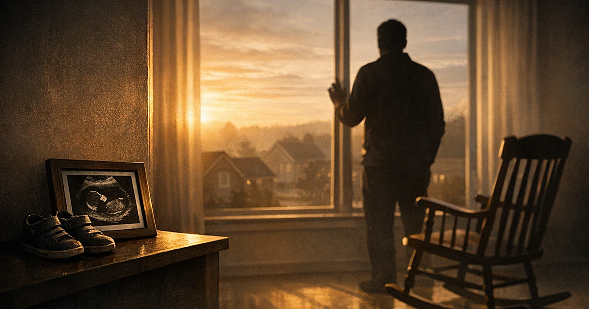 Silhouette at window with children's shoes and ultrasound image, representing grief and hope for new life