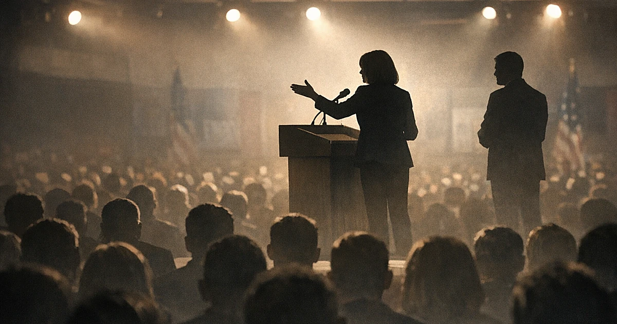 Silhouetted speaker at podium addressing crowd shown from behind at indoor political rally
