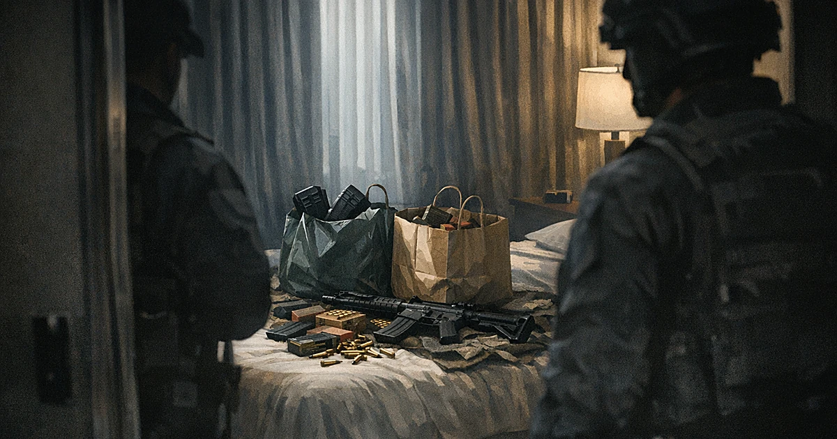 Dark hotel room with shopping bags and ammunition on bed, law enforcement silhouette in foreground