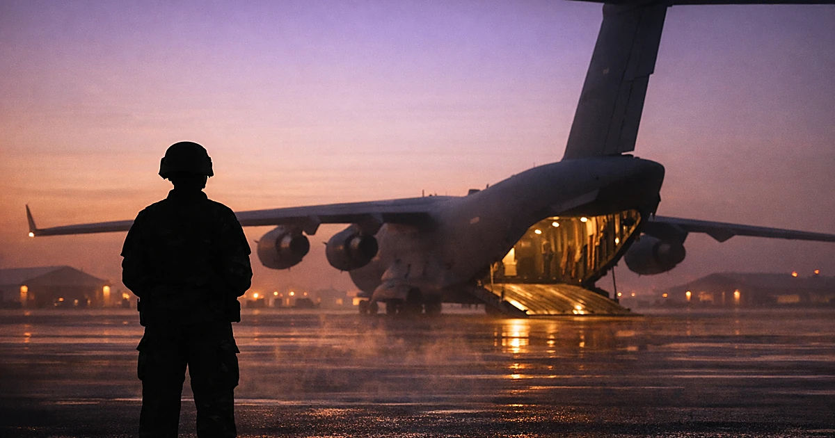 Silhouette of soldier standing before military transport plane on desert airfield at dusk