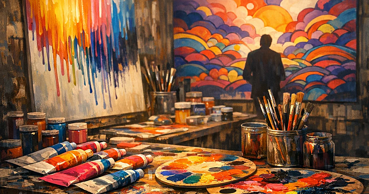 Artist studio with psychedelic paintings, colorful paint tubes, brushes, and swirling kaleidoscopic patterns on canvases