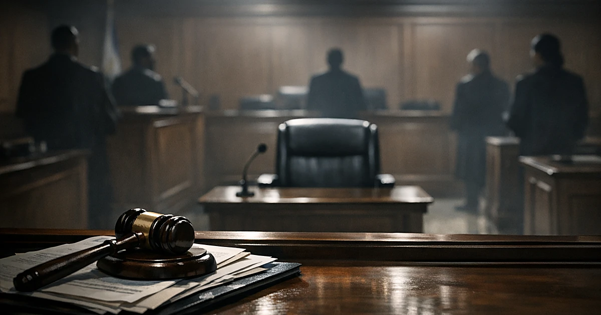 Empty defendant's chair in courtroom with gavel on documents, viewed from judge's bench with silhouetted officials