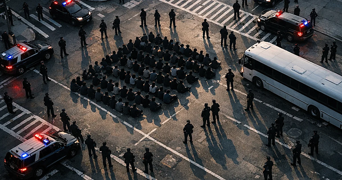 Aerial view of protesters sitting in Manhattan intersection surrounded by police vehicles with flashing lights