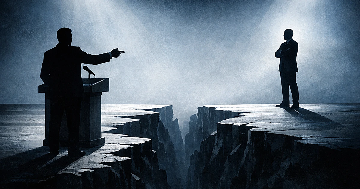 Two silhouetted figures separated by a wide gap in a divided room with dramatic lighting