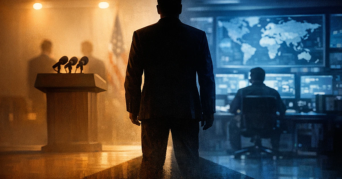 Silhouette of person between diplomatic podium and security operations room, representing dual government roles