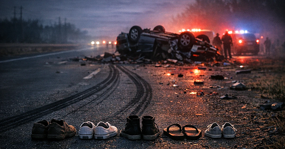 Dark highway crash scene with overturned vehicle, emergency lights, and five pairs of shoes memorializing victims