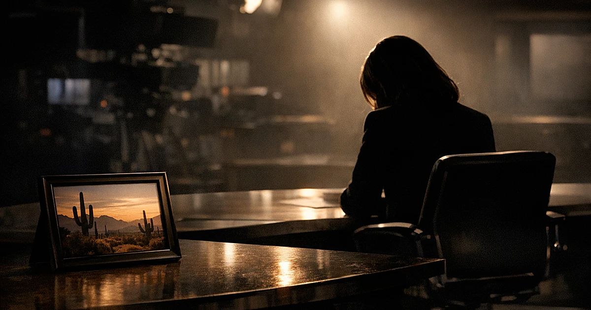 Silhouetted figure at TV studio desk with desert photograph, head bowed in emotional moment under studio lighting