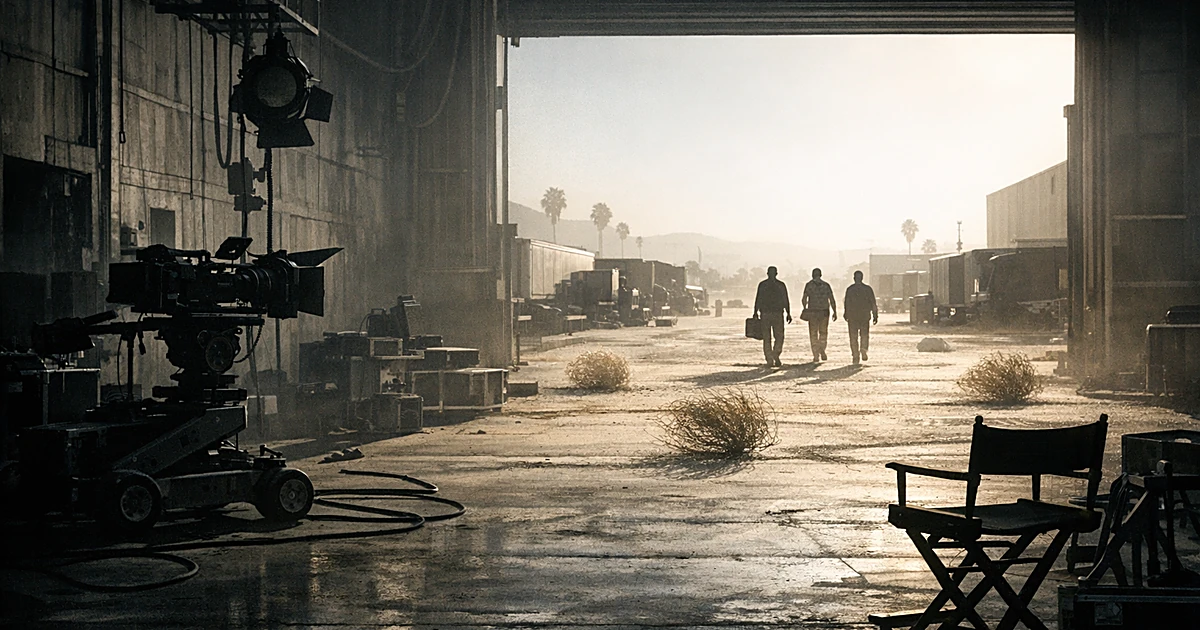 Empty film soundstage with abandoned equipment and silhouettes of workers walking away in the distance
