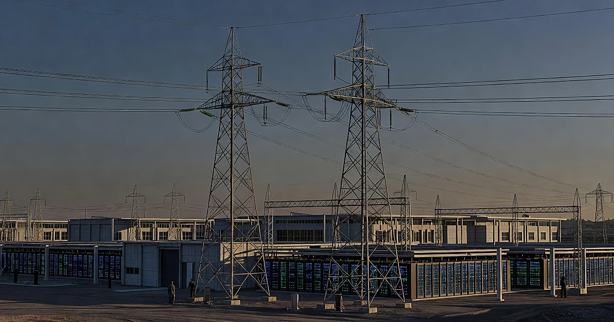 Data center server racks illuminated beneath electrical transmission towers and power lines at dusk