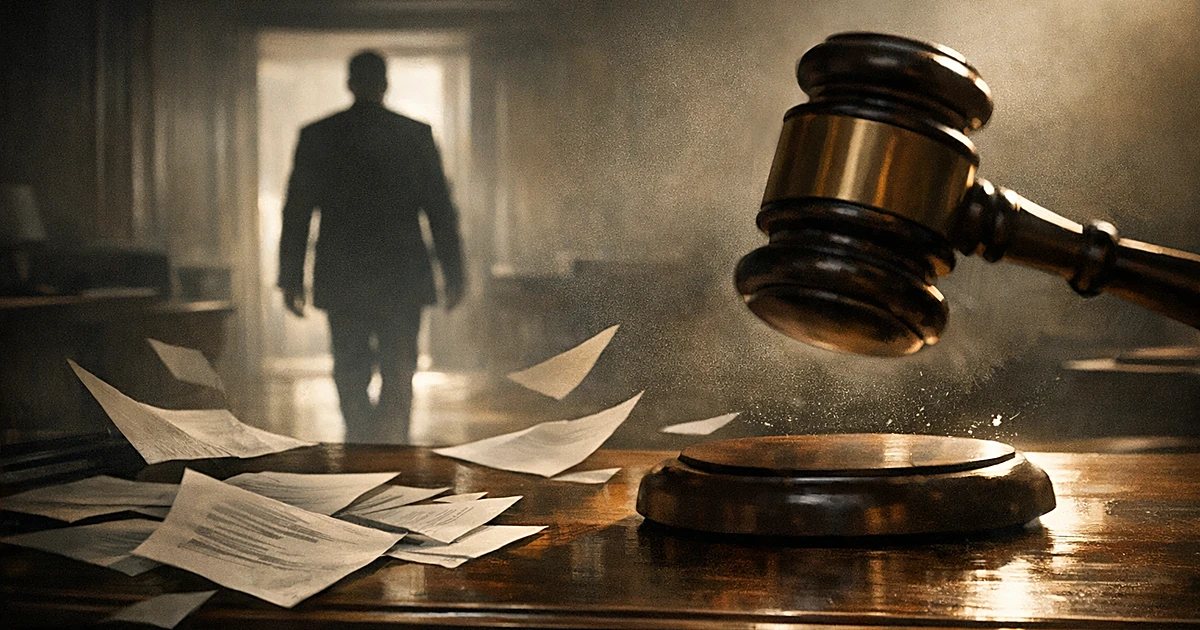 Gavel descending on desk as silhouetted figure in suit walks away through shadowy government chamber doorway