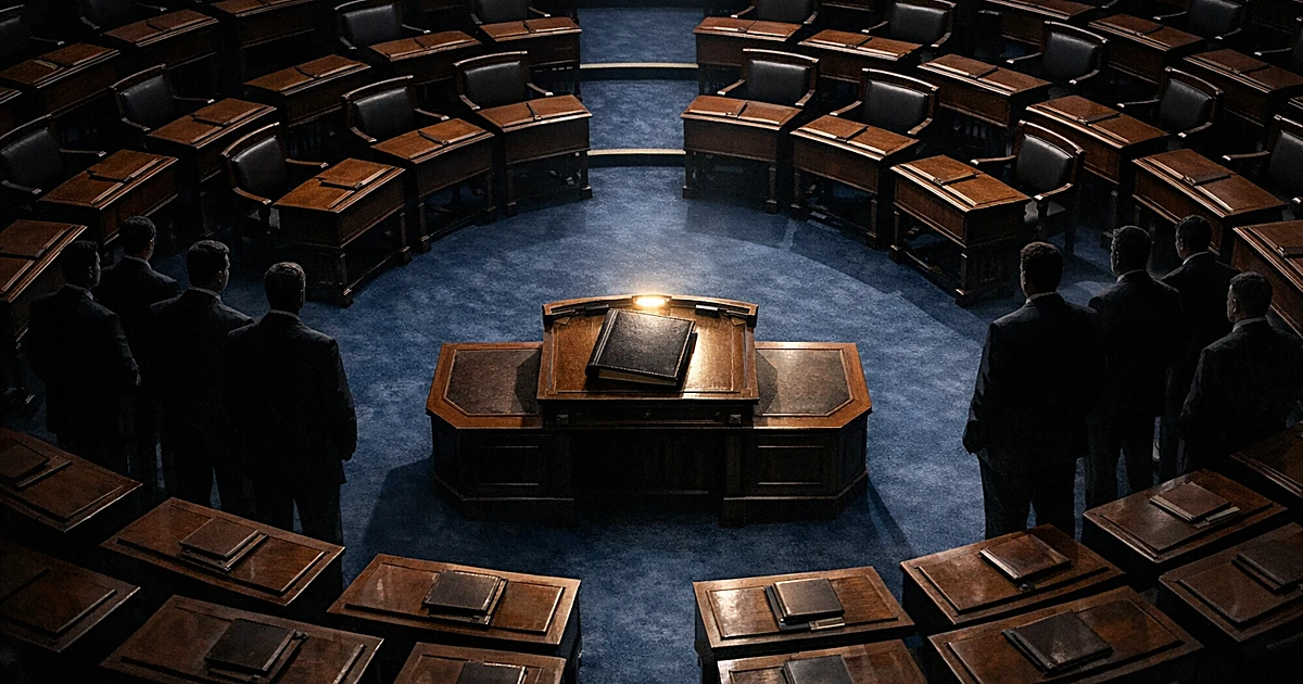 Overhead view of Senate chamber with document on podium and silhouetted figures on opposite sides showing division