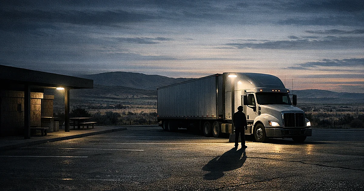 Semi-truck parked at isolated highway rest area at dusk with silhouette casting shadow on pavement