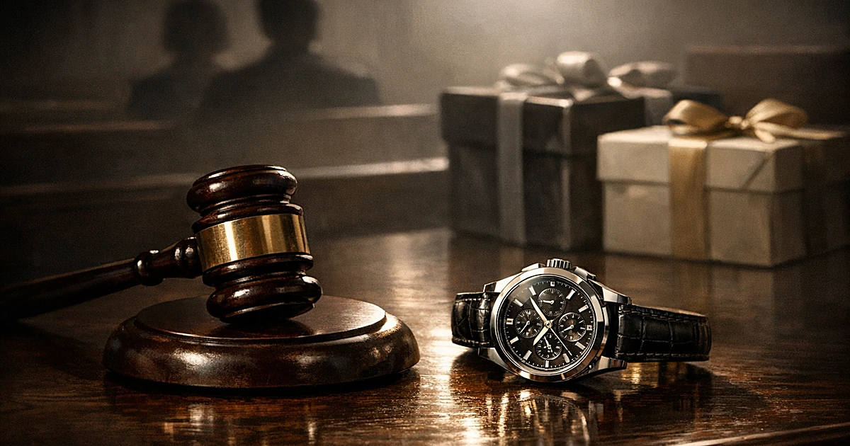 Judge's gavel next to luxury watch and gift boxes on courtroom bench with dramatic lighting
