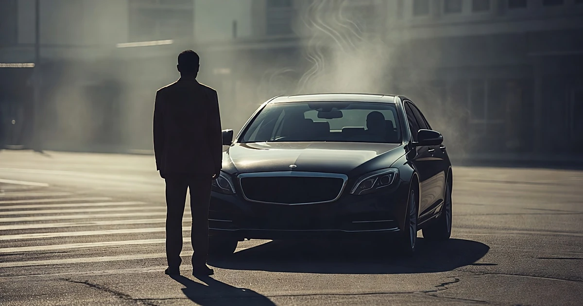 Silhouette of person standing next to car in intense heat with child safety seat visible through rear window
