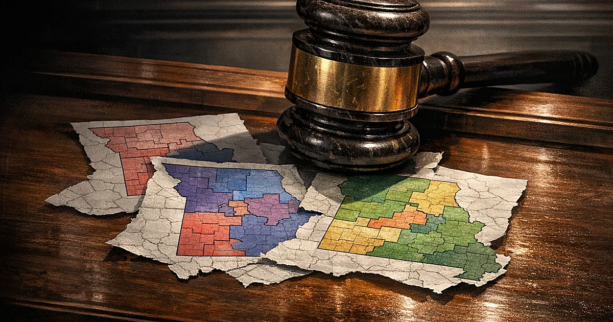 Judicial gavel positioned over layered Missouri congressional district maps showing different boundary configurations